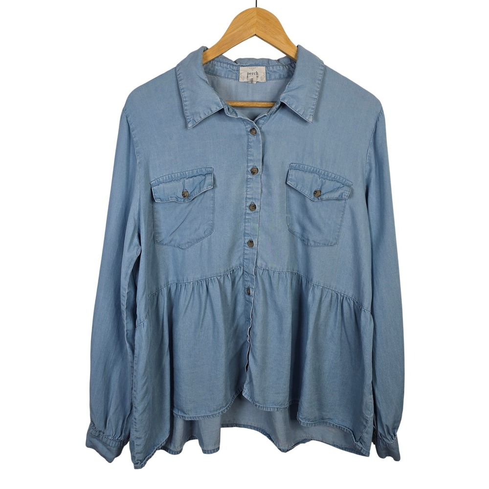 Perch by Blu Pepper Women 1XL Blue Lyocell Peplum Button‎ Up Shirt